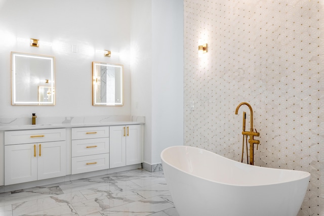 bathroom with vanity, a bath, and tile walls