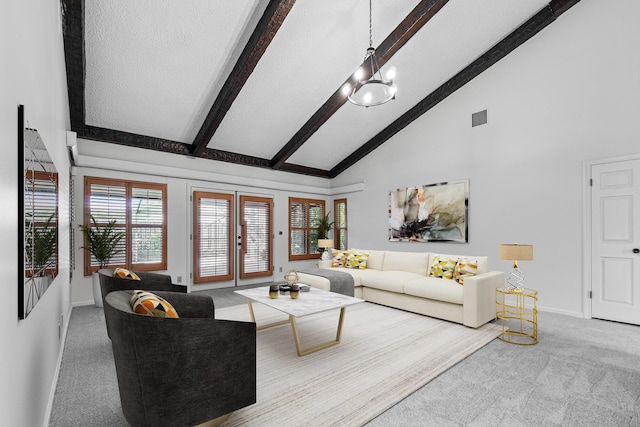 carpeted living room featuring french doors, a textured ceiling, high vaulted ceiling, a notable chandelier, and beamed ceiling