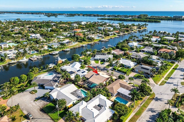 drone / aerial view featuring a water view