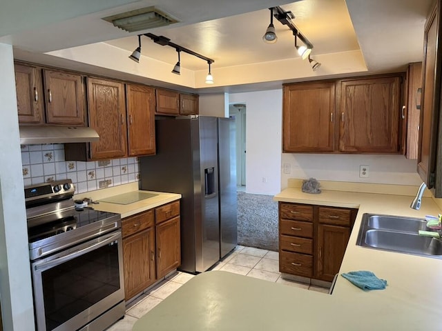 kitchen featuring a sink, a tray ceiling, stainless steel appliances, under cabinet range hood, and backsplash