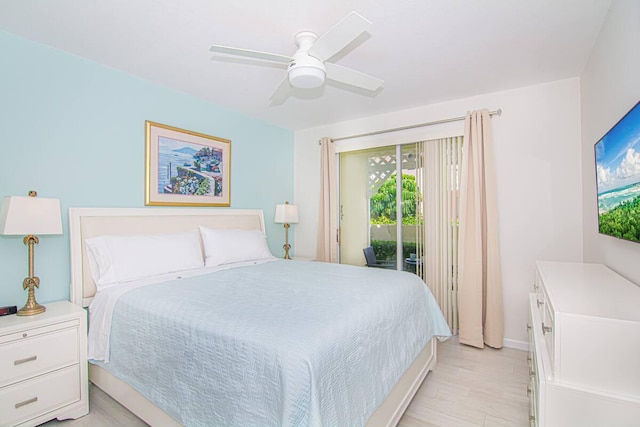 bedroom featuring light wood-type flooring, access to outside, and ceiling fan