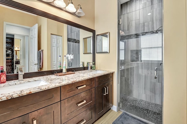 bathroom featuring vanity, wood-type flooring, and a shower with door