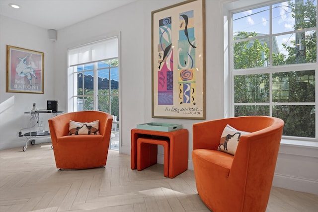 sitting room featuring a wealth of natural light and light parquet floors