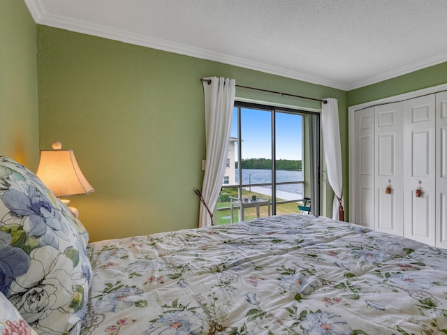 bedroom featuring access to exterior, a textured ceiling, crown molding, a water view, and a closet