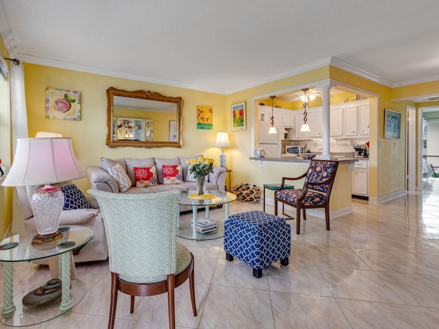 living room featuring crown molding