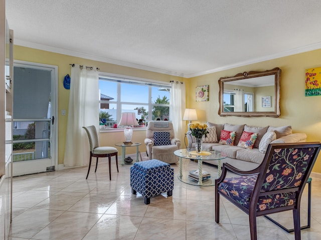 tiled living room with a textured ceiling and crown molding