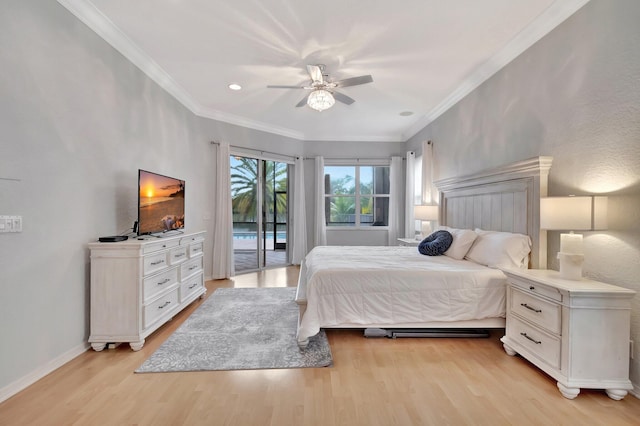 bedroom featuring access to exterior, ceiling fan, crown molding, and light hardwood / wood-style floors