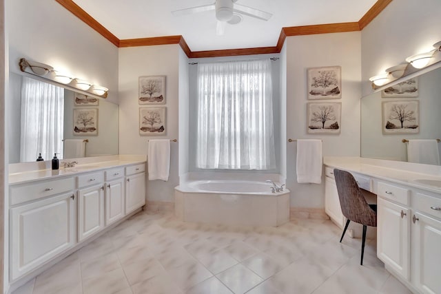 bathroom with ceiling fan, ornamental molding, a tub, and vanity