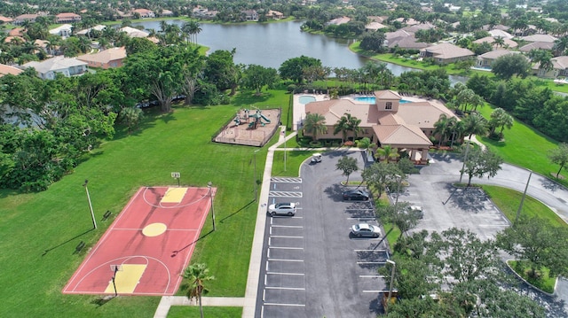 aerial view featuring a water view