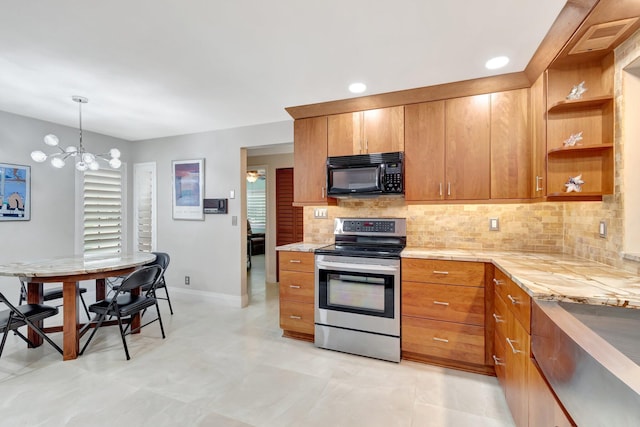 kitchen with hanging light fixtures, an inviting chandelier, stainless steel electric range, decorative backsplash, and light tile patterned floors