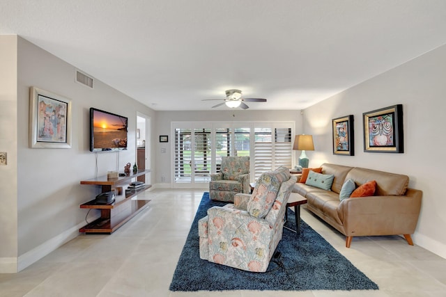 living room featuring ceiling fan