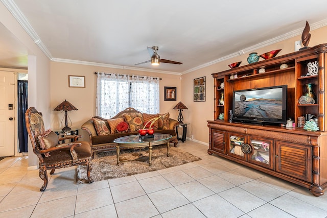 living room with ceiling fan, light tile patterned floors, and ornamental molding