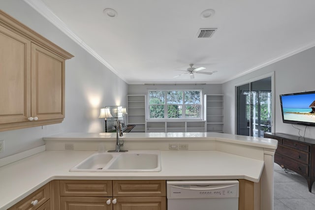 kitchen featuring ornamental molding, ceiling fan, sink, light tile patterned floors, and dishwasher