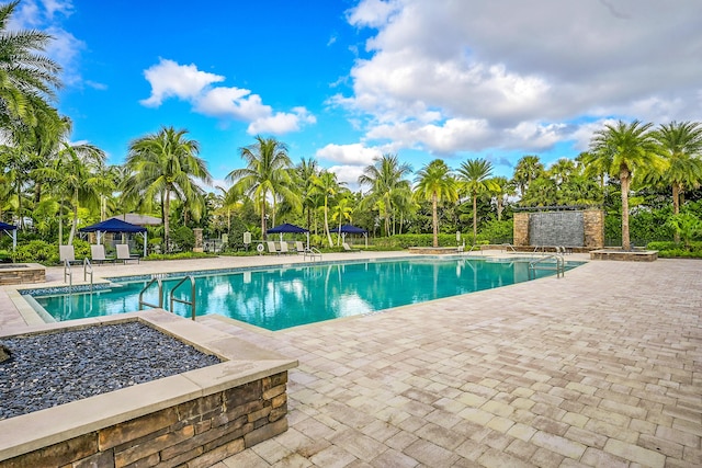 view of swimming pool featuring a patio area