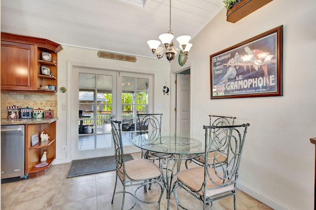 dining room featuring a chandelier, light tile patterned floors, vaulted ceiling, and wood ceiling