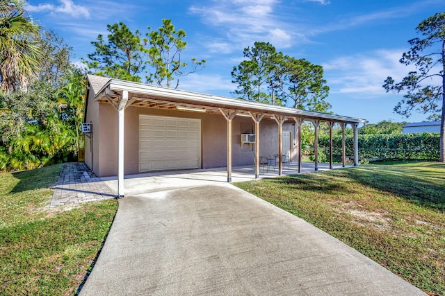 single story home with cooling unit and a front lawn