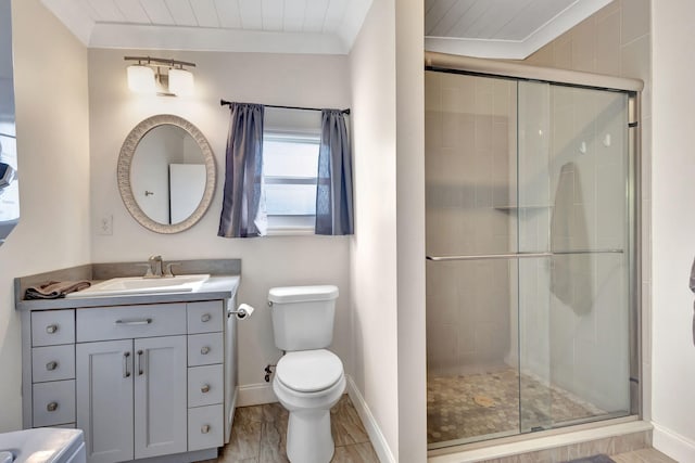 bathroom with vanity, wooden ceiling, an enclosed shower, and toilet