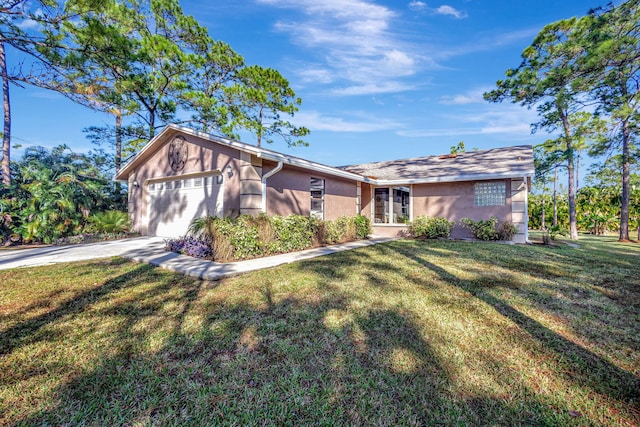 ranch-style home featuring a garage and a front lawn