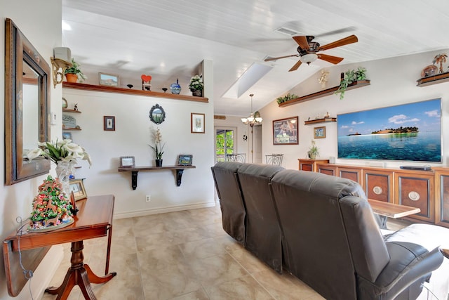 living room featuring ceiling fan with notable chandelier, wooden ceiling, and vaulted ceiling