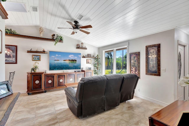 tiled living room with vaulted ceiling, ceiling fan, and wooden ceiling