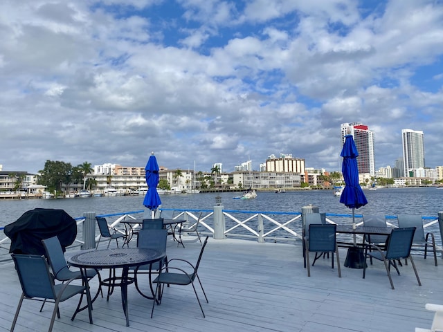 deck featuring a water view