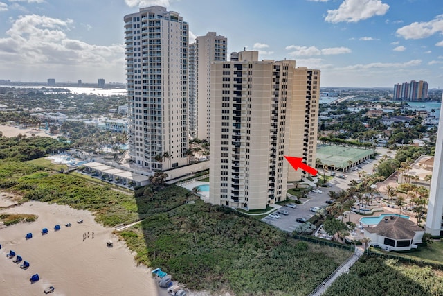 birds eye view of property featuring a water view