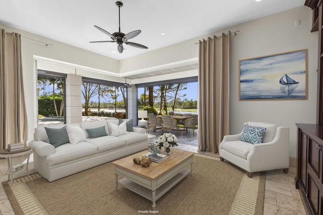 living room featuring ceiling fan