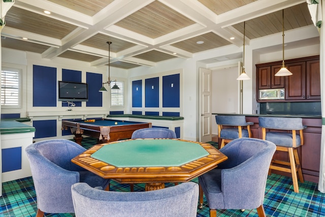 playroom featuring beam ceiling, coffered ceiling, and pool table