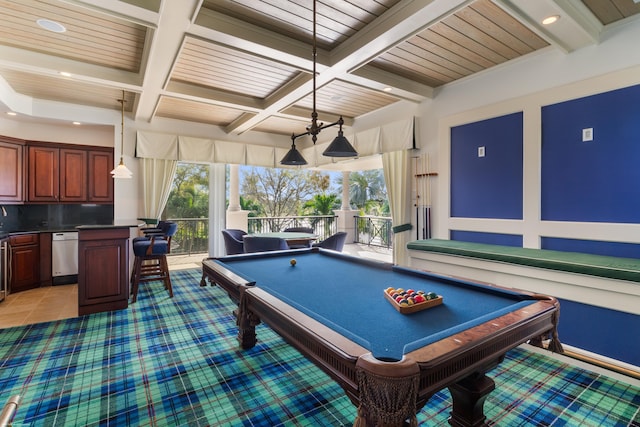 game room with wine cooler, beam ceiling, wood ceiling, and billiards