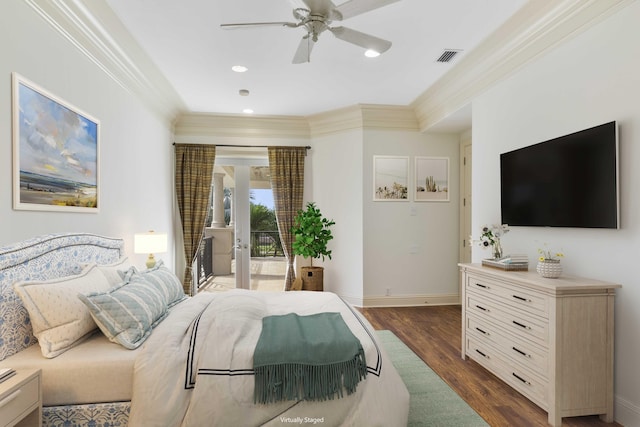 bedroom featuring access to exterior, ceiling fan, crown molding, and dark hardwood / wood-style floors