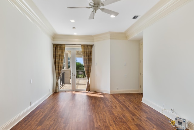 unfurnished room with french doors, dark hardwood / wood-style floors, ceiling fan, and crown molding