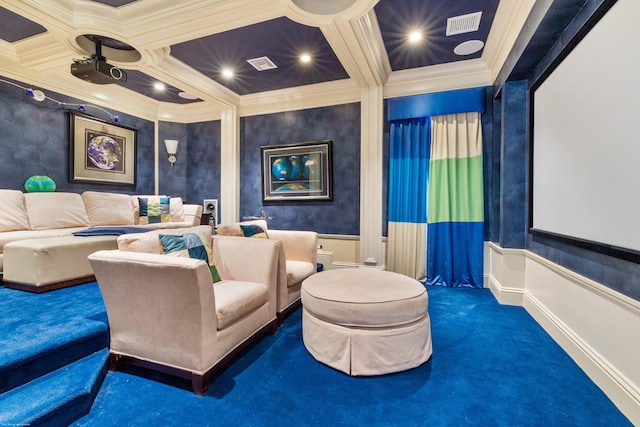 cinema with beam ceiling, carpet floors, crown molding, and coffered ceiling