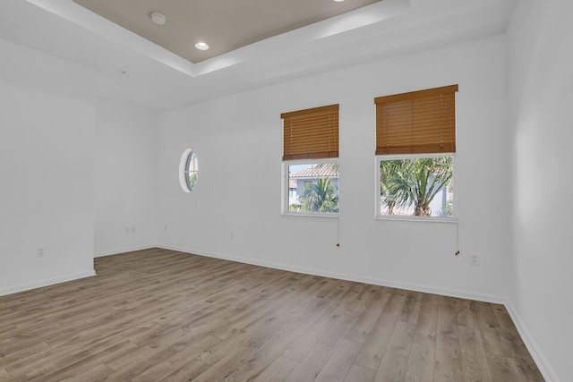 unfurnished room with light hardwood / wood-style floors and a raised ceiling