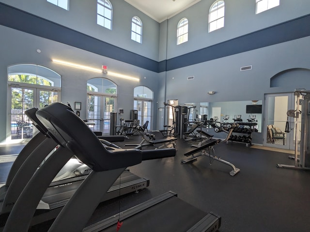 gym featuring french doors and a high ceiling