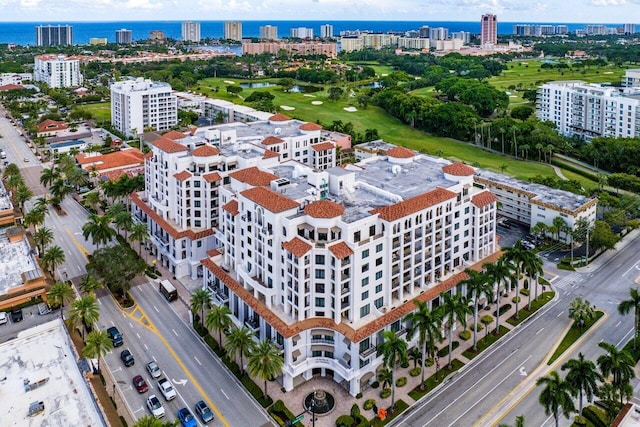 drone / aerial view with a water view