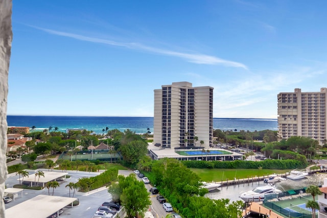 bird's eye view with a water view