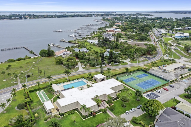 drone / aerial view with a water view