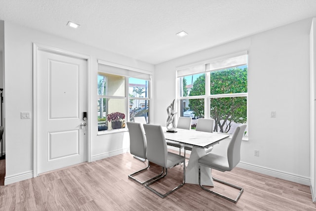 dining area with a textured ceiling and light hardwood / wood-style flooring