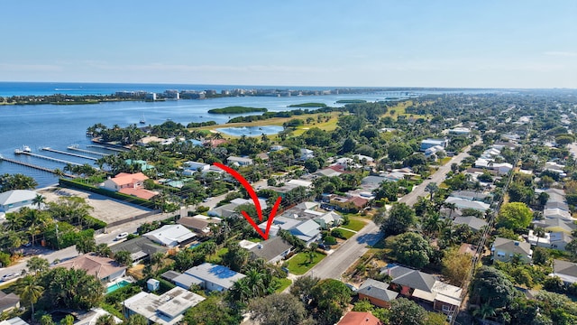 bird's eye view with a water view