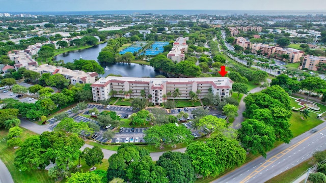 drone / aerial view featuring a water view