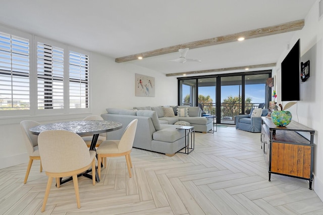 dining area featuring beam ceiling, ceiling fan, and light parquet floors