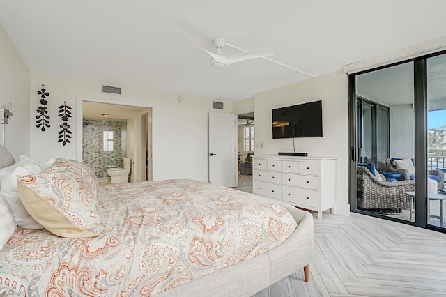 bedroom with access to outside, light parquet floors, multiple windows, connected bathroom, and ceiling fan