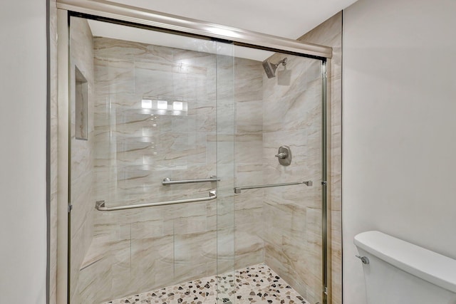 bathroom featuring toilet and a shower with door