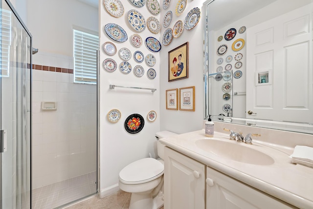 bathroom featuring tile patterned floors, vanity, toilet, and an enclosed shower