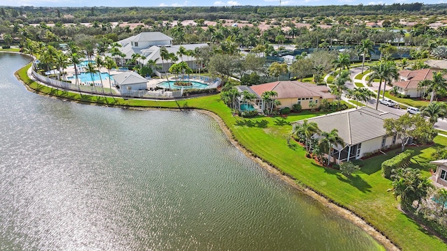 drone / aerial view featuring a water view