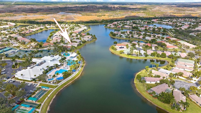 drone / aerial view featuring a water view