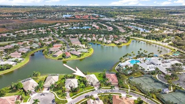 aerial view featuring a water view