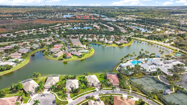 aerial view featuring a water view