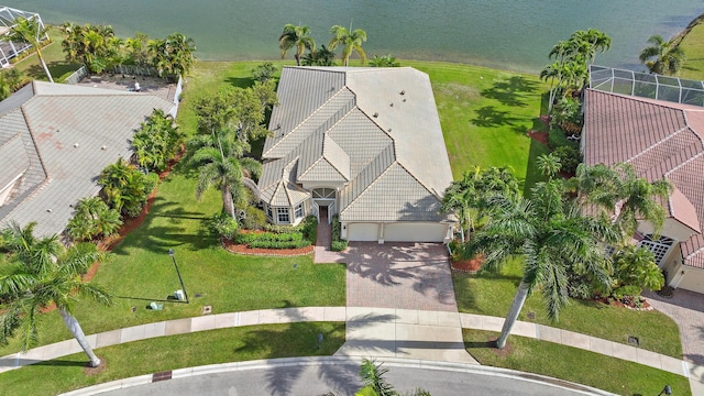 aerial view featuring a water view