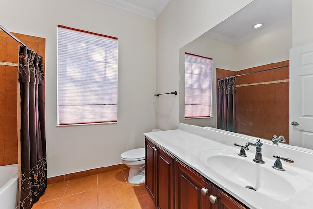 full bathroom with tile patterned flooring, ornamental molding, a wealth of natural light, and toilet